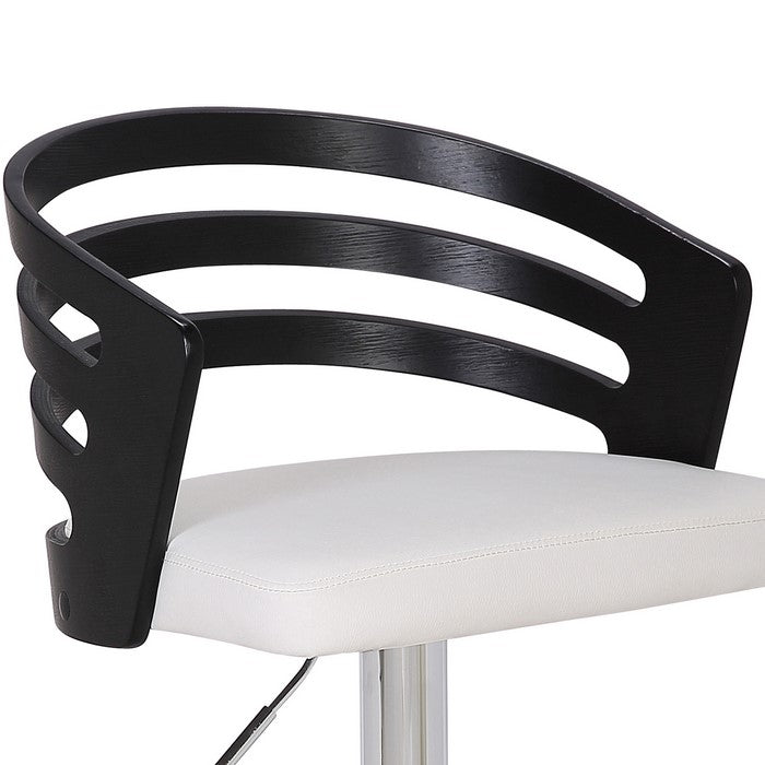 Modern Swivel Leatherette Barstool with Slatted Back, White and Black