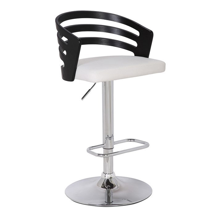 Modern Swivel Leatherette Barstool with Slatted Back, White and Black