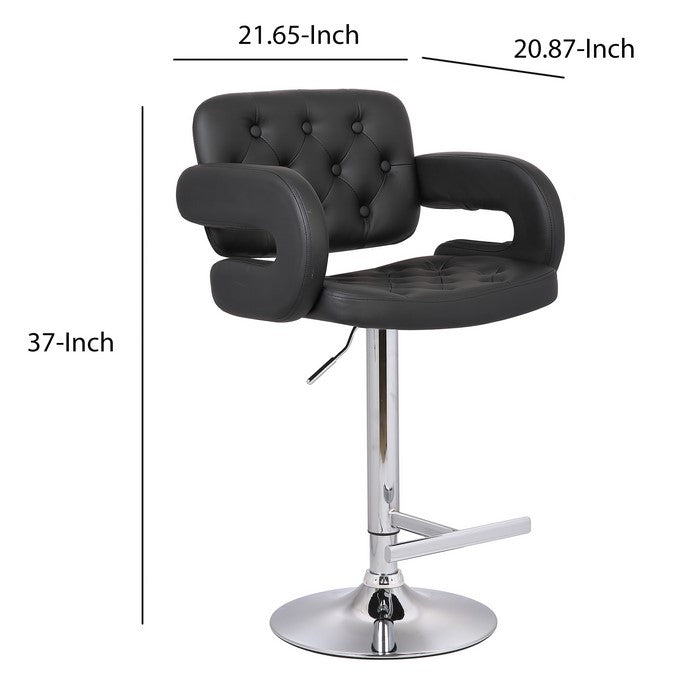 Swivel Barstool with Arms and Button Tufted Seating, Black and Chrome