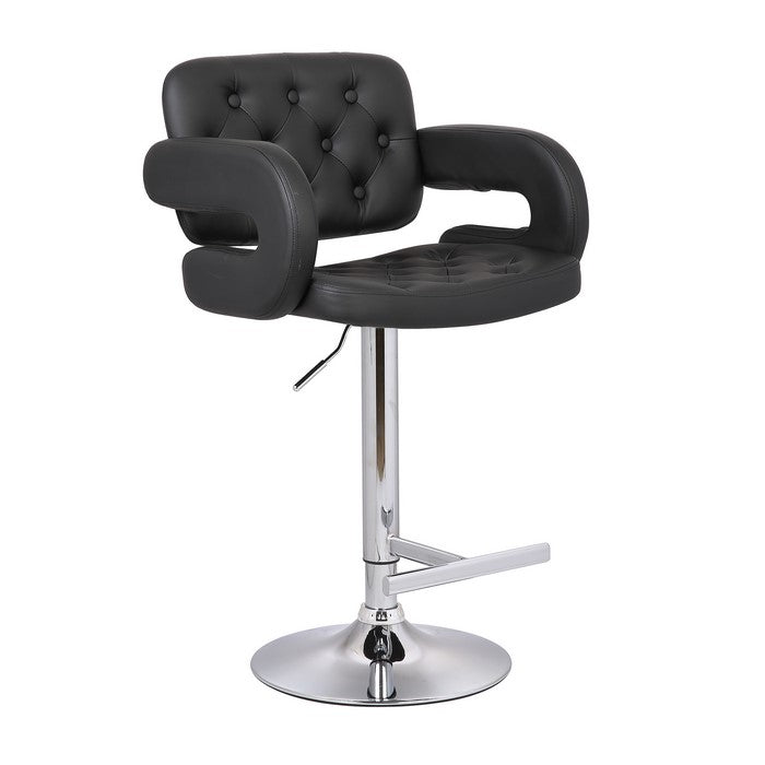 Swivel Barstool with Arms and Button Tufted Seating, Black and Chrome