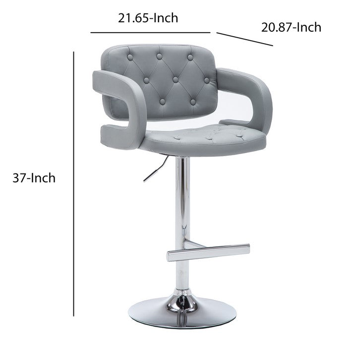 Swivel Barstool with Arms and Button Tufted Seating, Gray and Chrome