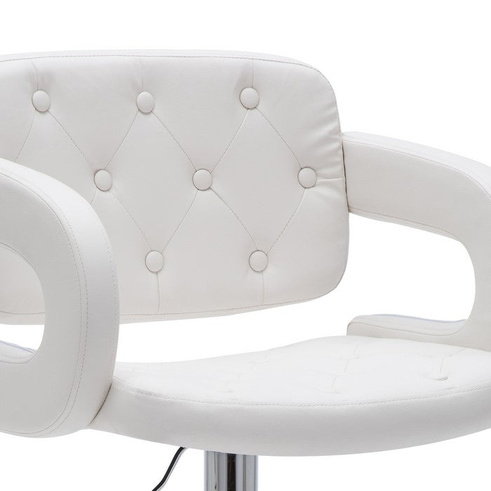 Swivel Barstool with Arms and Button Tufted Seating, White and Chrome