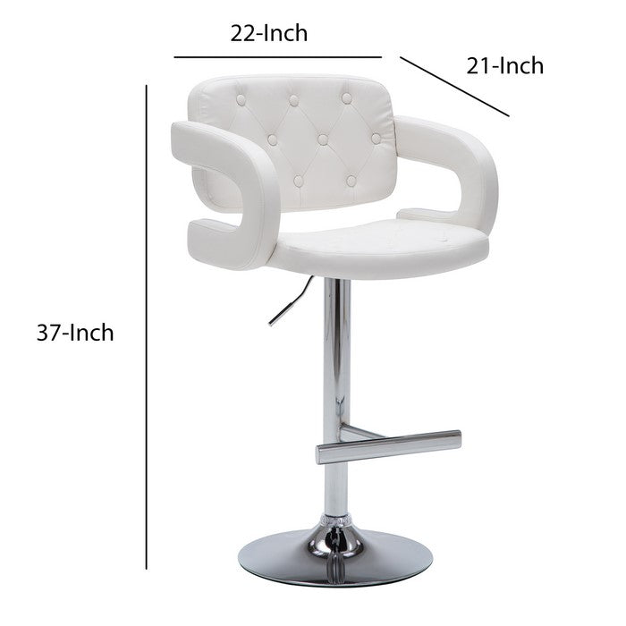 Swivel Barstool with Arms and Button Tufted Seating, White and Chrome