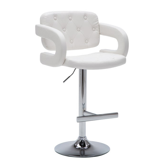 Swivel Barstool with Arms and Button Tufted Seating, White and Chrome