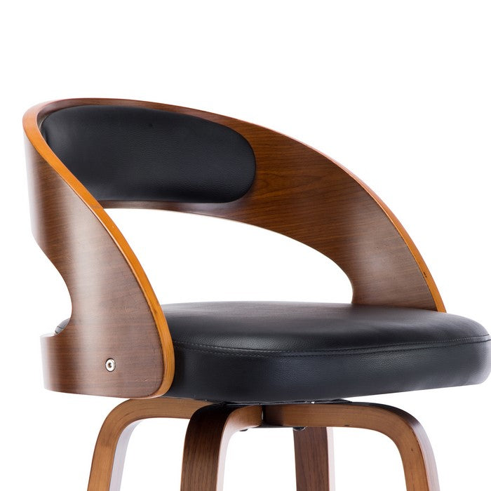 Leatherette Seat Barstool with Curved Wooden Backrest, Brown and Black