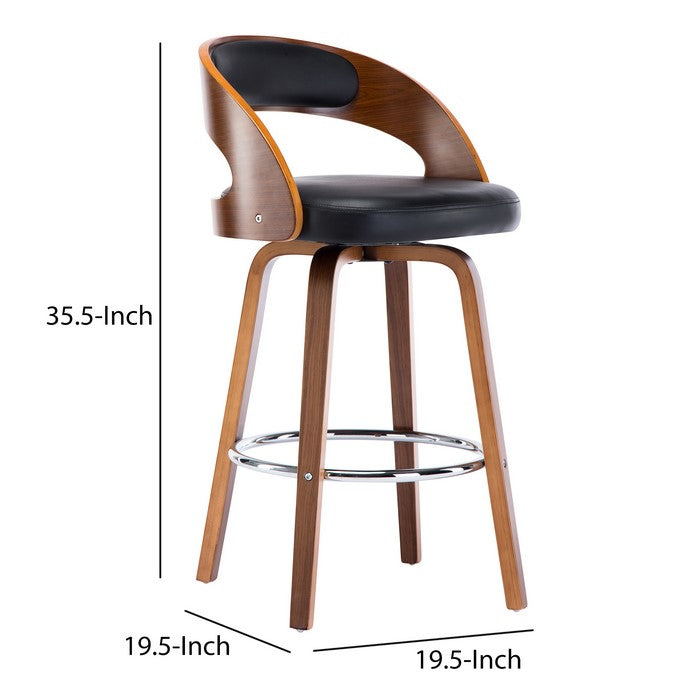 Leatherette Seat Barstool with Curved Wooden Backrest, Brown and Black