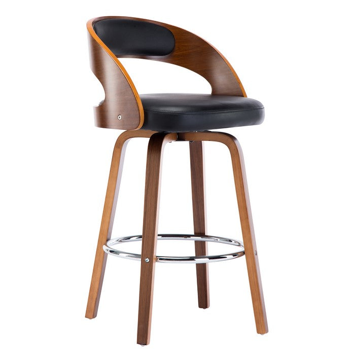 Leatherette Seat Barstool with Curved Wooden Backrest, Brown and Black