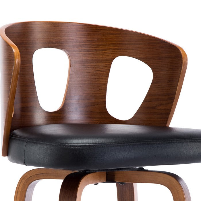 Leatherette Barstool with Curved Wooden Cut Out Backrest, Brown and Black