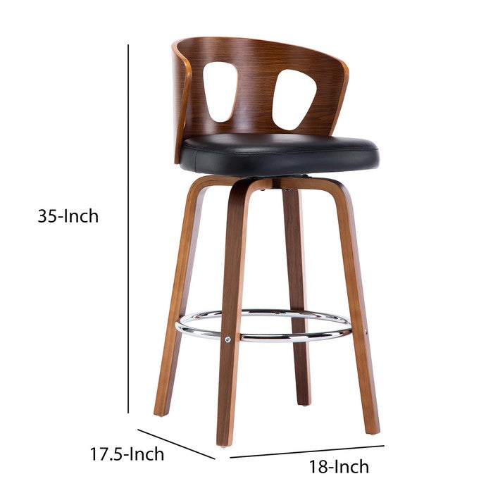 Leatherette Barstool with Curved Wooden Cut Out Backrest, Brown and Black