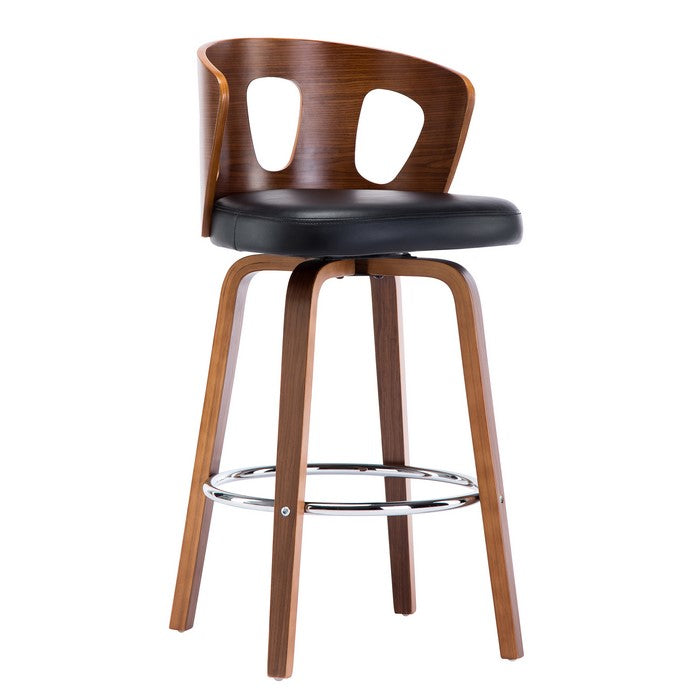 Leatherette Barstool with Curved Wooden Cut Out Backrest, Brown and Black