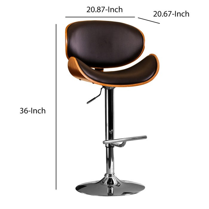 Leatherette Swivel Barstool with Curved Seat and Backrest, Brown and Black