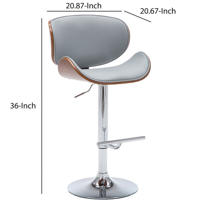 Leatherette Swivel Barstool with Curved Seat and Backrest, Brown and Gray