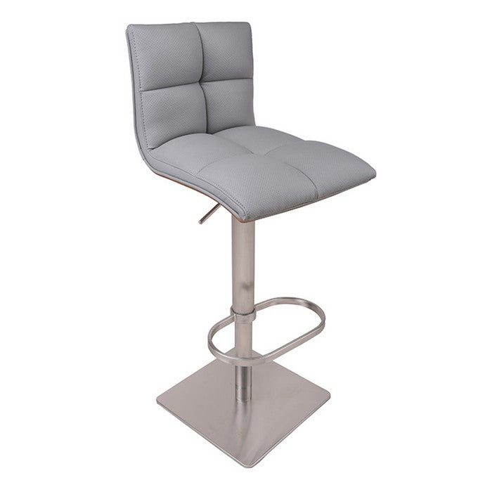 Leatherette Swivel Barstool with Square Stitched Seating,Gray and Chrome