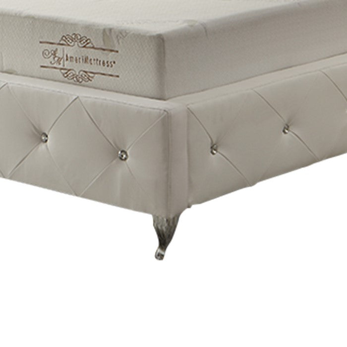 Full Size Leatherette Bed with Crystal Tufted Headboard and Footboard,White