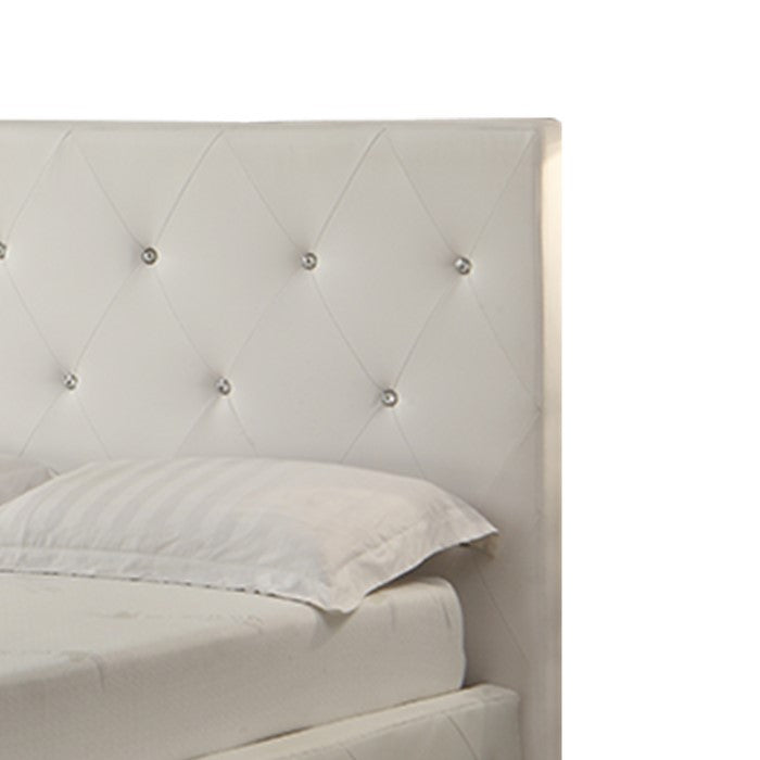 Full Size Leatherette Bed with Crystal Tufted Headboard and Footboard,White