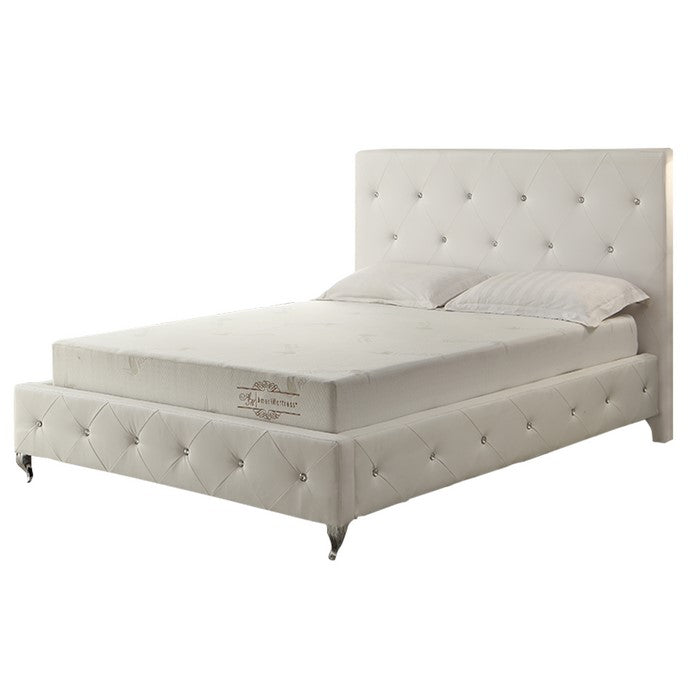 Full Size Leatherette Bed with Crystal Tufted Headboard and Footboard,White