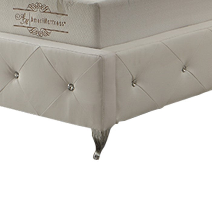 Queen Leatherette Bed with Crystal Tufted Headboard and Footboard, White