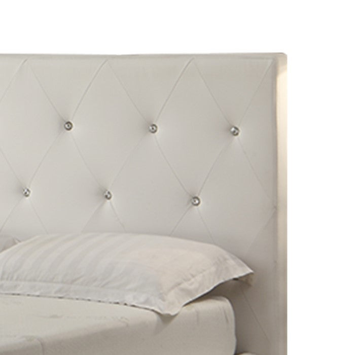 Queen Leatherette Bed with Crystal Tufted Headboard and Footboard, White
