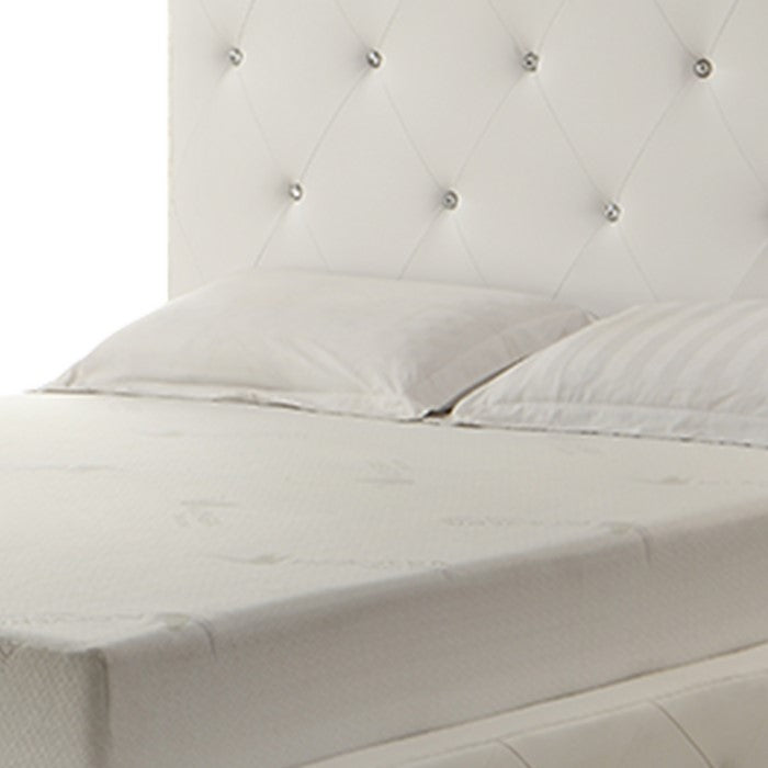Queen Leatherette Bed with Crystal Tufted Headboard and Footboard, White