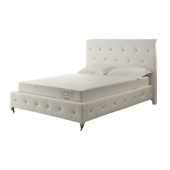 Queen Leatherette Bed with Crystal Tufted Headboard and Footboard, White