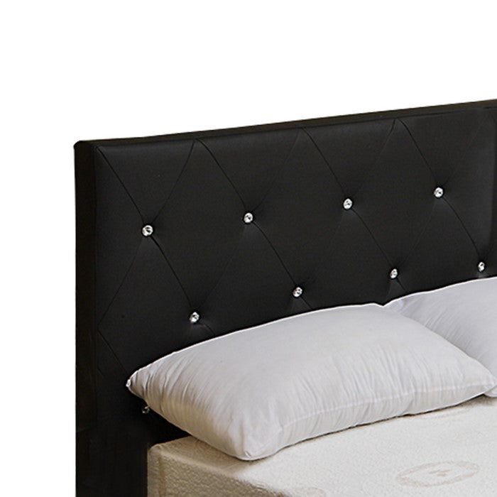 Full Size Leatherette Bed with Crystal Tufted Headboard and Footboard,Black