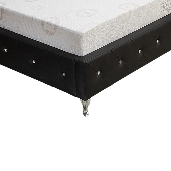 Queen Leatherette Bed with Crystal Tufted Headboard and Footboard, Black