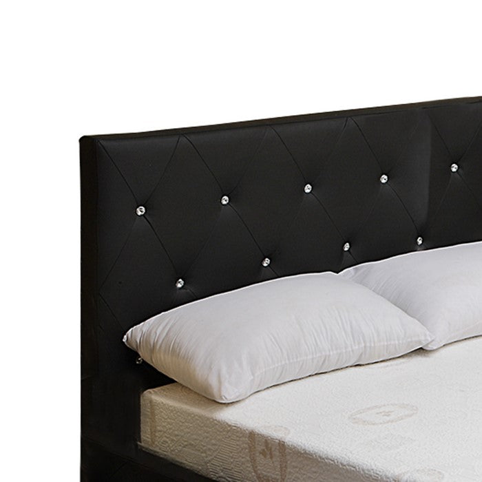 Queen Leatherette Bed with Crystal Tufted Headboard and Footboard, Black