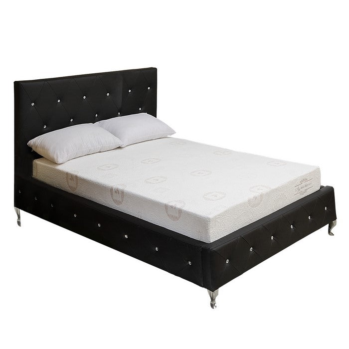Queen Leatherette Bed with Crystal Tufted Headboard and Footboard, Black