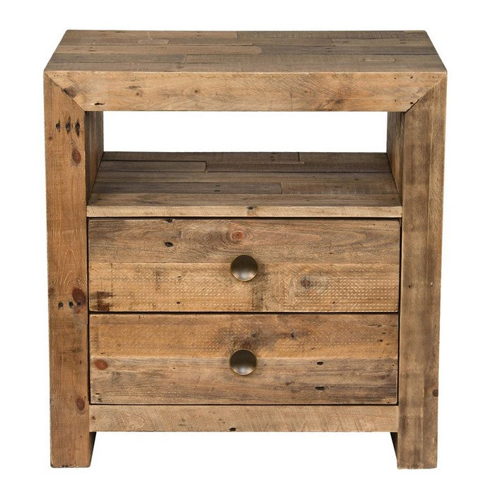 Grained Wooden Nightstand with 2 Drawers and 1 Open Shelf, Brown