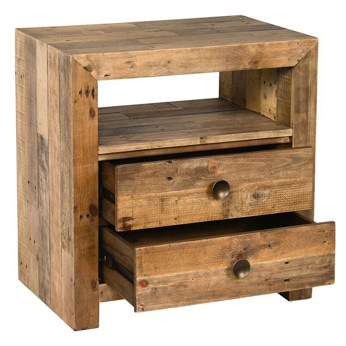 Grained Wooden Nightstand with 2 Drawers and 1 Open Shelf, Brown