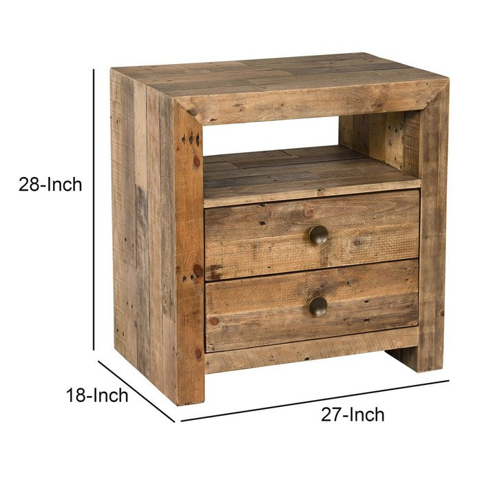 Grained Wooden Nightstand with 2 Drawers and 1 Open Shelf, Brown