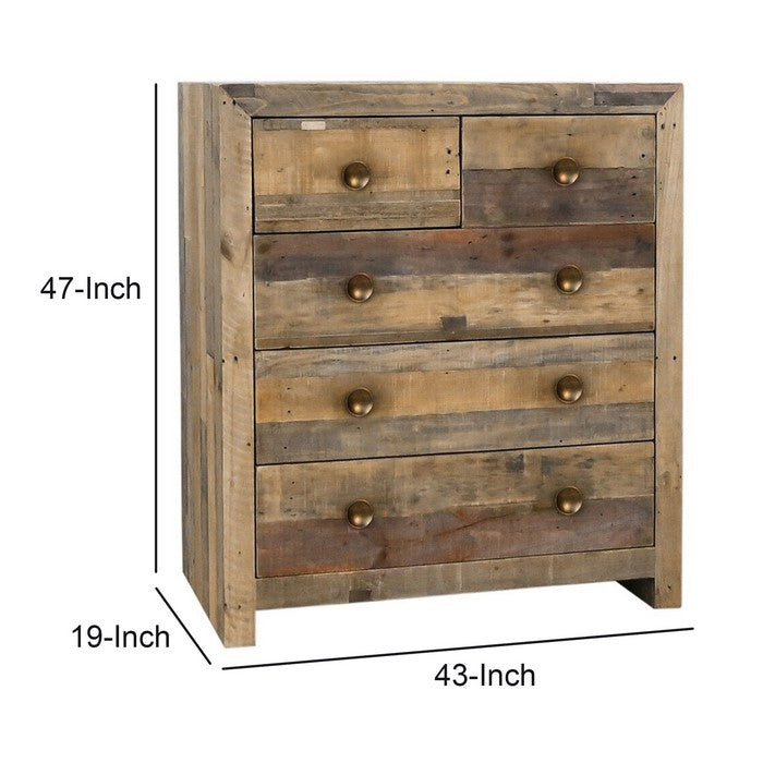 5 Drawers Wooden Frame Dresser with Grains and Knots, Distressed Brown