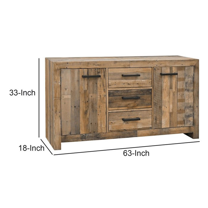 Reclaimed Wood Frame Buffet with 3 Drawers and 2 Doors, Natural Brown