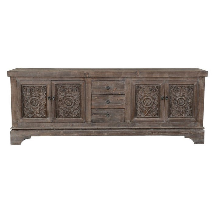 Engraved Reclaimed Wood Sideboard with 3 Drawers and 4 Doors, Brown