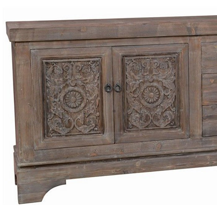 Engraved Reclaimed Wood Sideboard with 3 Drawers and 4 Doors, Brown