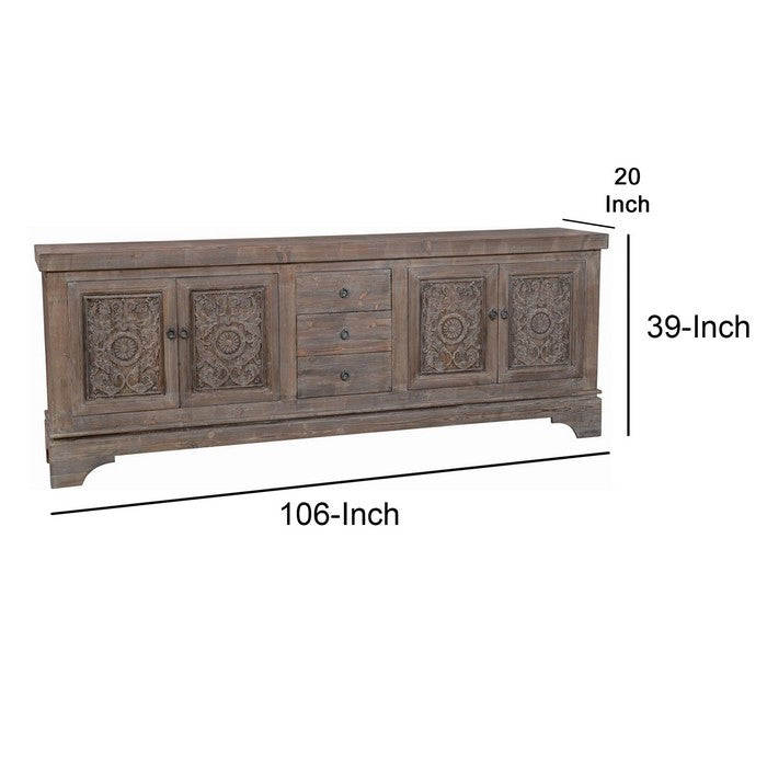 Engraved Reclaimed Wood Sideboard with 3 Drawers and 4 Doors, Brown