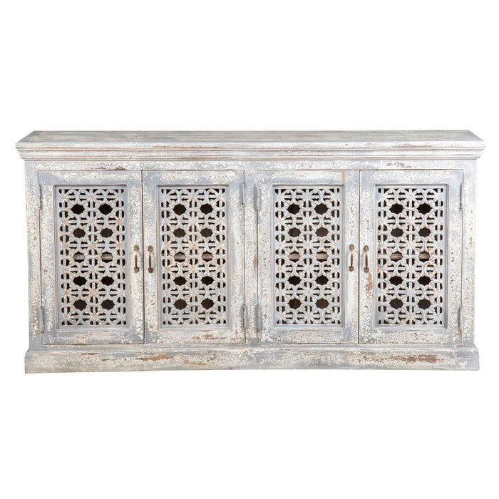4 Doors and 2 Shelves Hand Carved Wooden Frame Sideboard, Antique White