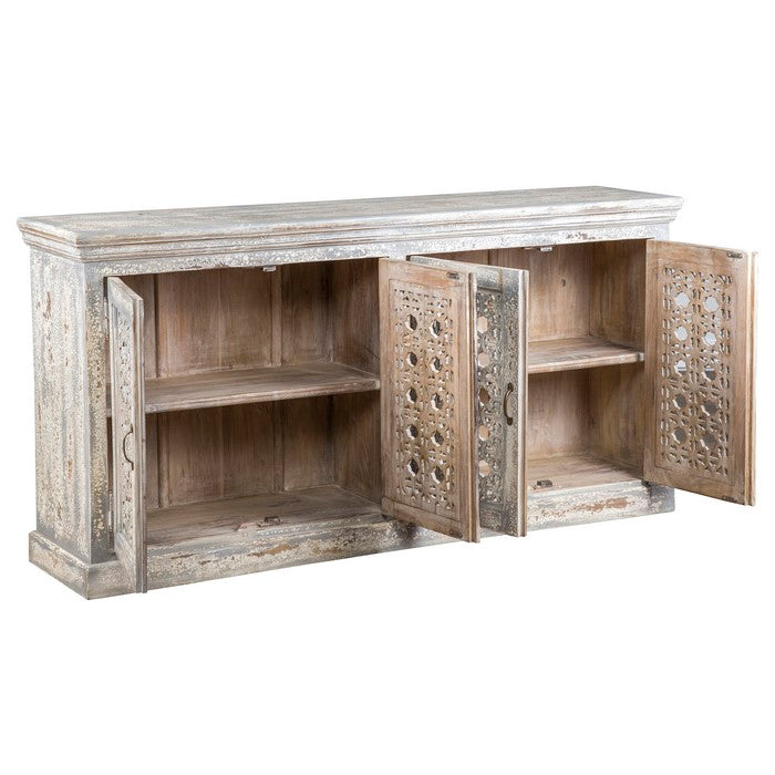 4 Doors and 2 Shelves Hand Carved Wooden Frame Sideboard, Antique White