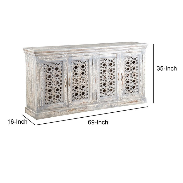 4 Doors and 2 Shelves Hand Carved Wooden Frame Sideboard, Antique White