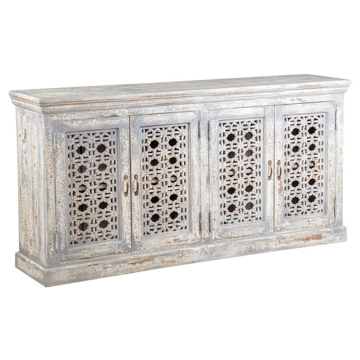4 Doors and 2 Shelves Hand Carved Wooden Frame Sideboard, Antique White