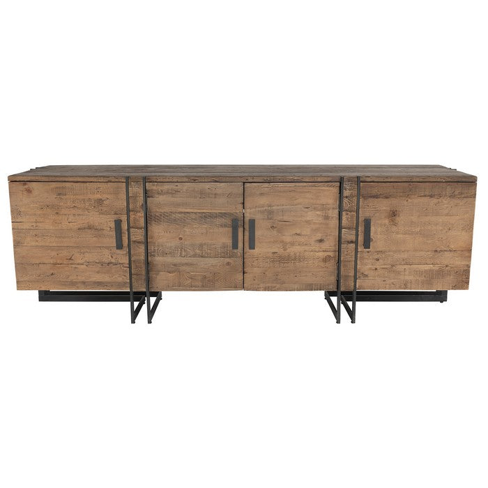 Industrial Style 4 Door Wood and Metal Media Cabinet, Brown and Black