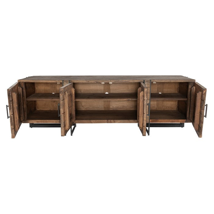 Industrial Style 4 Door Wood and Metal Media Cabinet, Brown and Black
