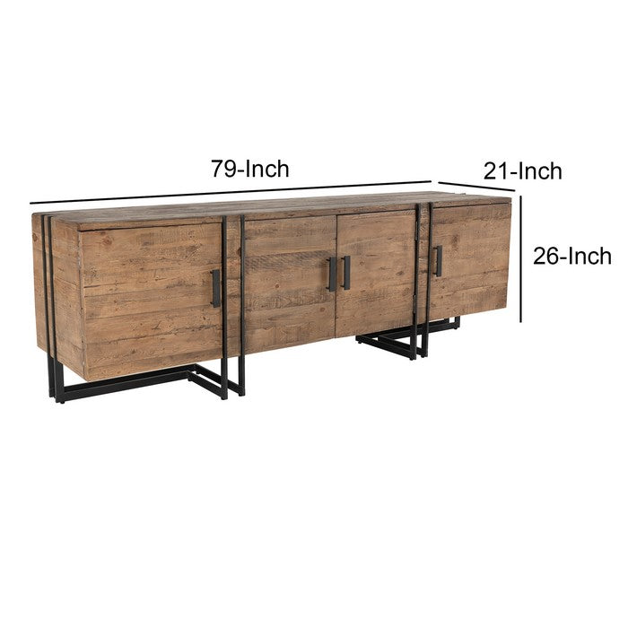 Industrial Style 4 Door Wood and Metal Media Cabinet, Brown and Black