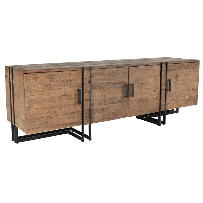 Industrial Style 4 Door Wood and Metal Media Cabinet, Brown and Black