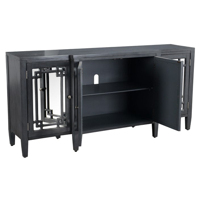 Wooden 4 Doors Sideboard with Mirror Inserts and 3 Shelves, Gray