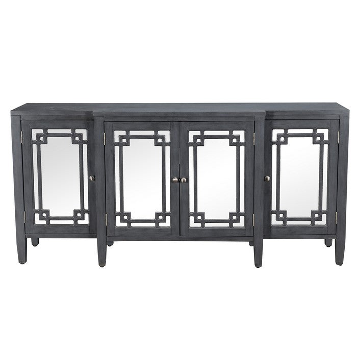 Wooden 4 Doors Sideboard with Mirror Inserts and 3 Shelves, Gray