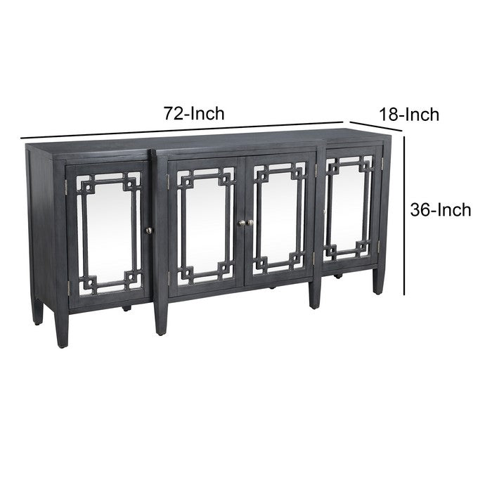 Wooden 4 Doors Sideboard with Mirror Inserts and 3 Shelves, Gray