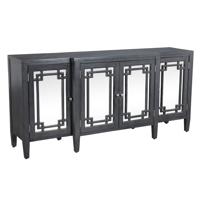 Wooden 4 Doors Sideboard with Mirror Inserts and 3 Shelves, Gray