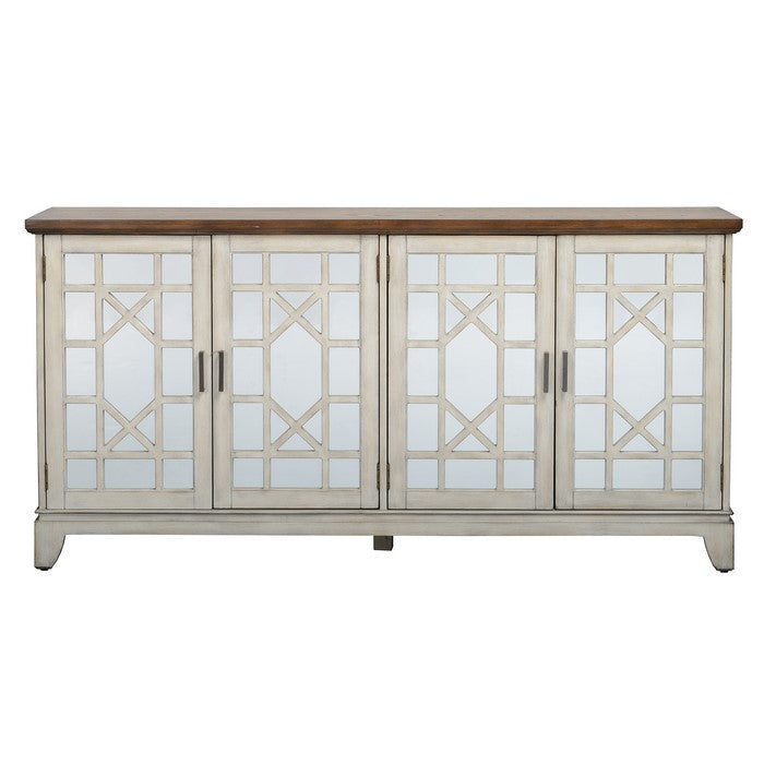 Wooden 4 Doors Sideboard with Mirror Inserts, White and Brown