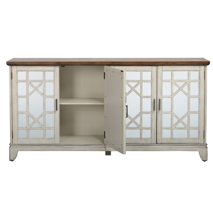 Wooden 4 Doors Sideboard with Mirror Inserts, White and Brown